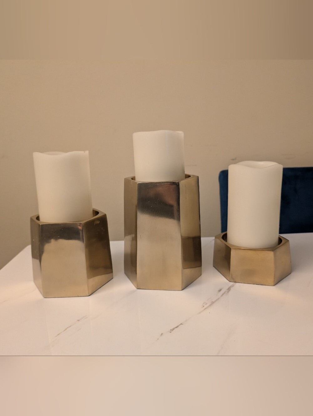 Set of 3 Geometric Metallic Candle Holders in Gold with Electric Candles